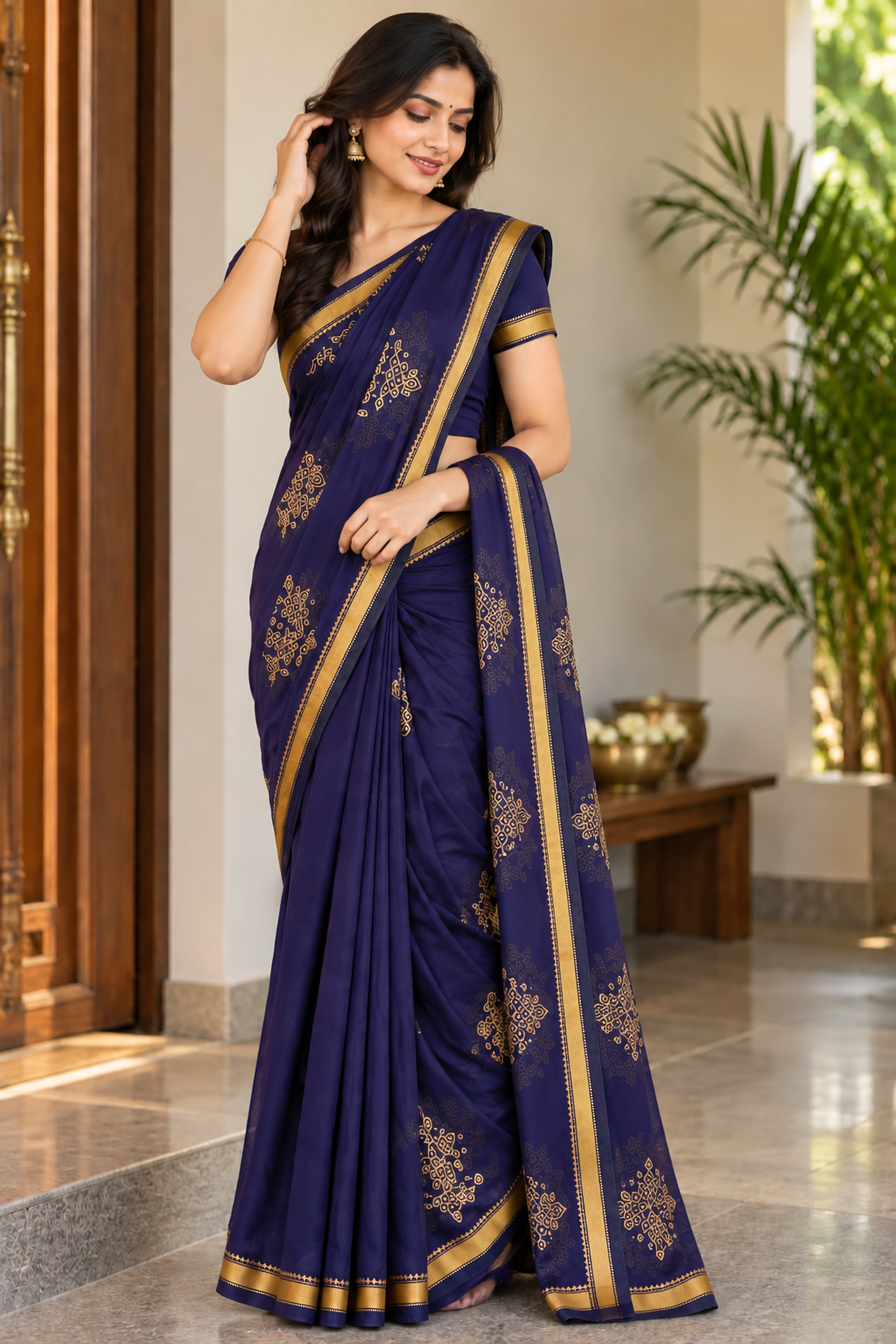 Back view of navy blue Kolam saree with matching blouse and gold border