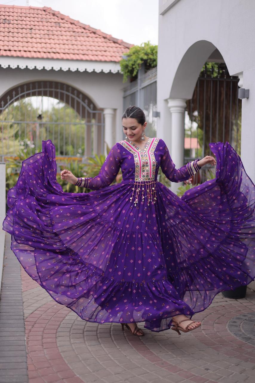 Royal Purple Laheriya Print Kutchi Patchwork Gown - Western Wear - close-up detail view | Nardev Fashions