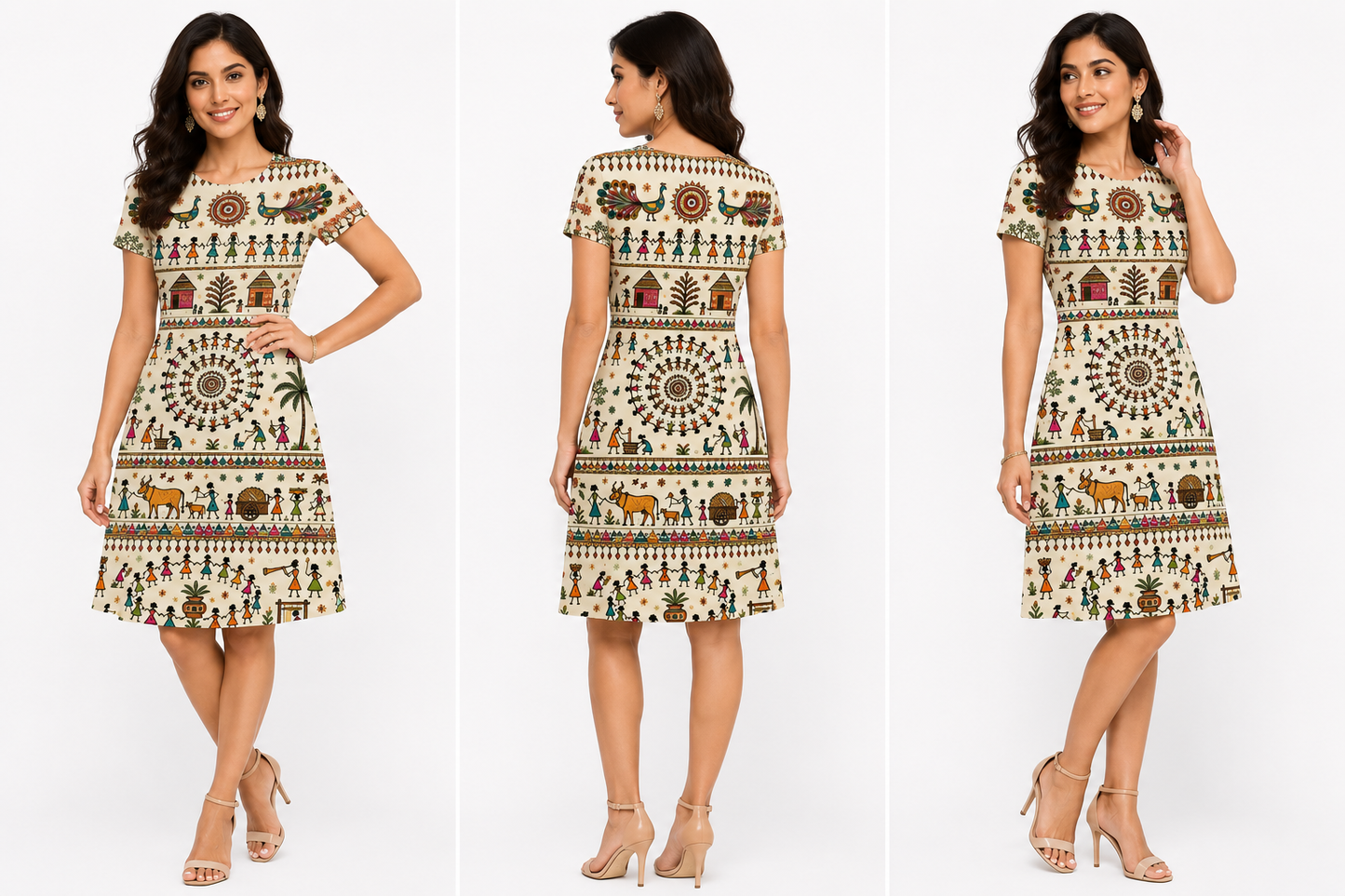 Women’s Indian Folk Art Printed Knee-Length Dress – Multicolour Ethnic Fusion Short Sleeve Dress
