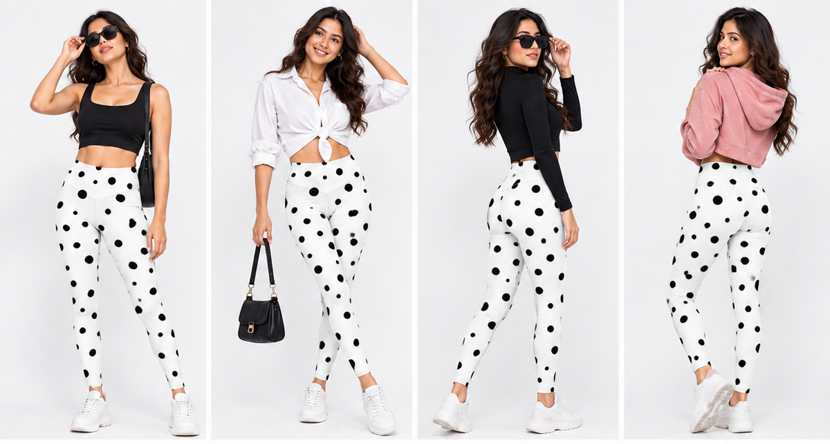 Black & White Polka Dot Leggings for Women – High-Waisted Printed Stretch Tight Pants
