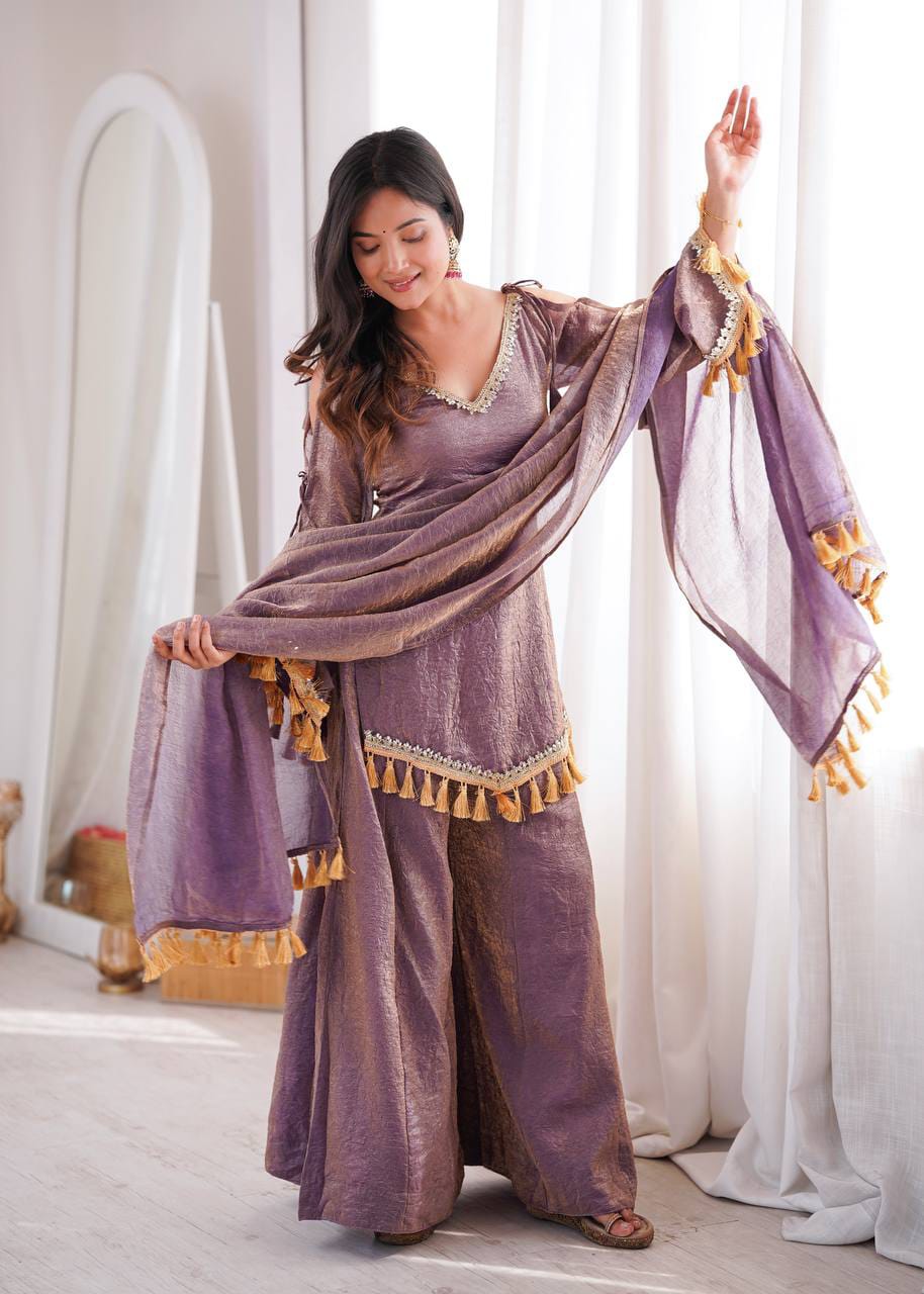 Mauve Doremon Crush Mirror Work Top with Palazzo & Dupatta - Western Wear - close-up detail view | Nardev Fashions