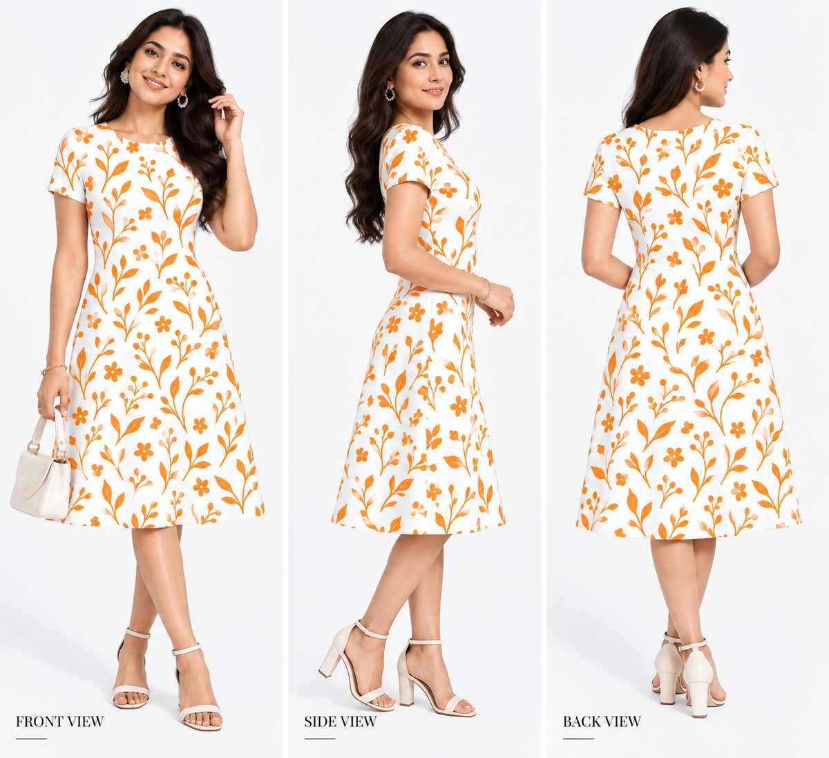 Orange Floral Printed A-Line Dress for Women – White Poly-Spandex Blend Knee-Length Dress