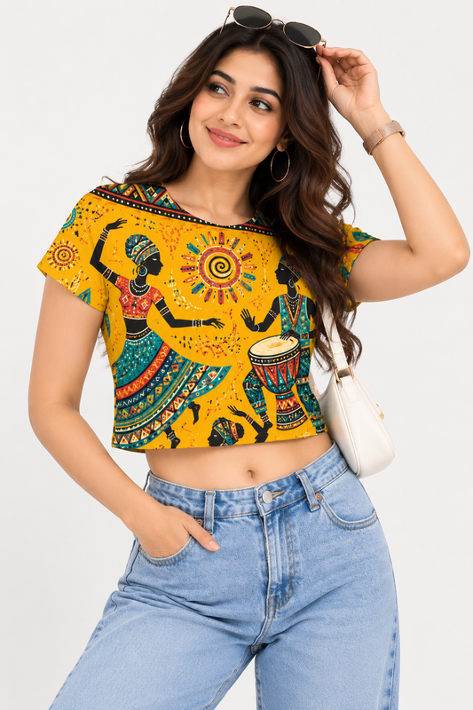 Women’s Tribal Folk-Art Printed Half-Sleeve Crop Top – Vibrant Yellow Multicolour Statement Top
