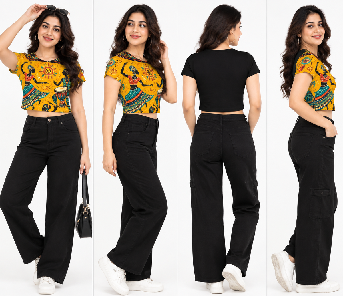 Women’s Tribal Folk-Art Printed Half-Sleeve Crop Top – Vibrant Yellow Multicolour Statement Top