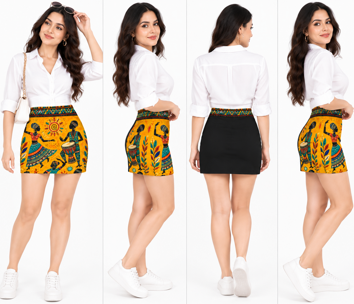 Women’s Tribal Folk-Art Printed Mini Skirt – Mustard Yellow Multicolour Statement Skirt