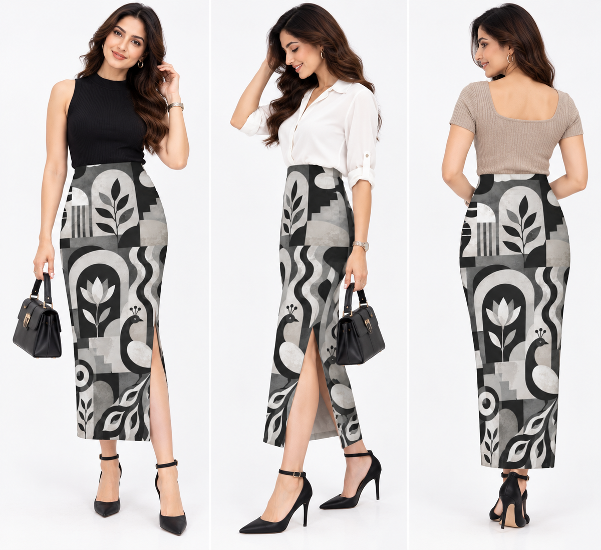 Women’s Black & White Abstract Printed Long Pencil Skirt – Geometric Botanical Art