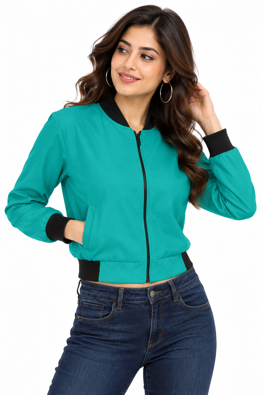 Women’s Teal Cropped Flight Bomber Jacket – Full-Zip Lightweight Jacket with Black Ribbed Collar, Cuffs & Hem