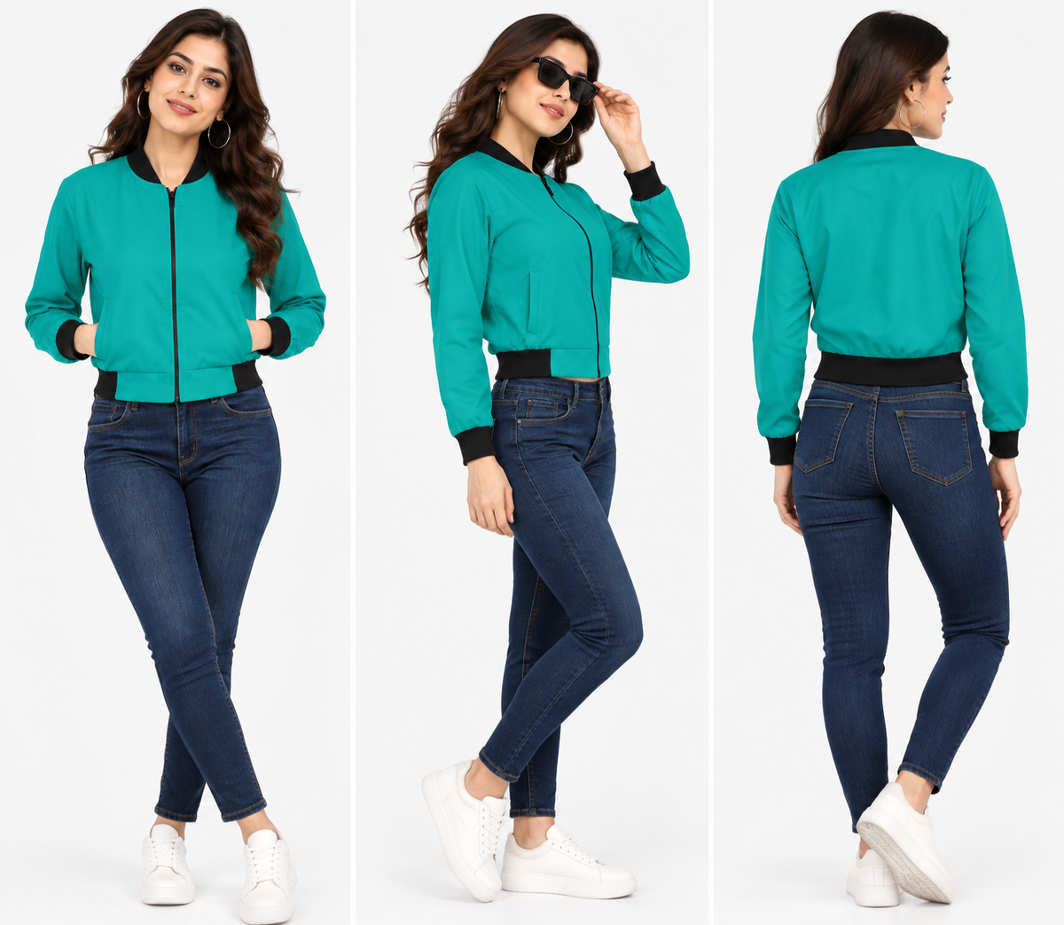 Women’s Teal Cropped Flight Bomber Jacket – Full-Zip Lightweight Jacket with Black Ribbed Collar, Cuffs & Hem