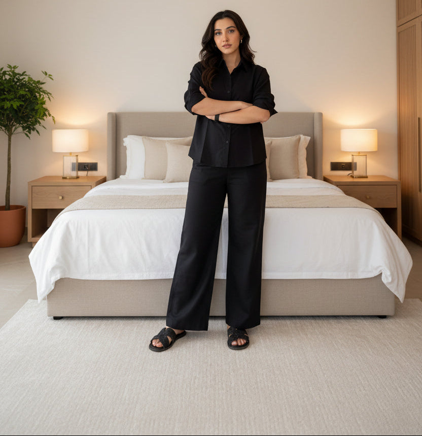 Black Cotton Co-ord Set – Casual & Office Wear with Button-Down Top & Pocketed Pants - front view | Nardev Fashions
