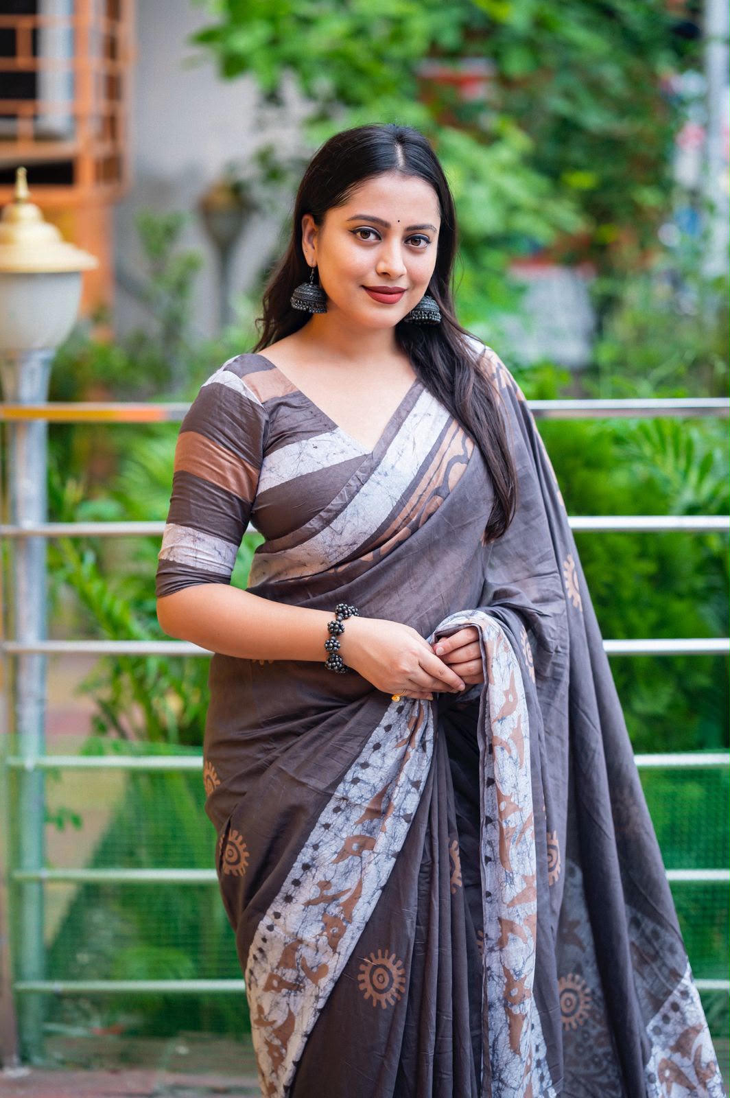 Charcoal Grey Bagru Batik Pure Chanderi Cotton Saree with Stripe Blouse - Western Wear - front view | Nardev Fashions