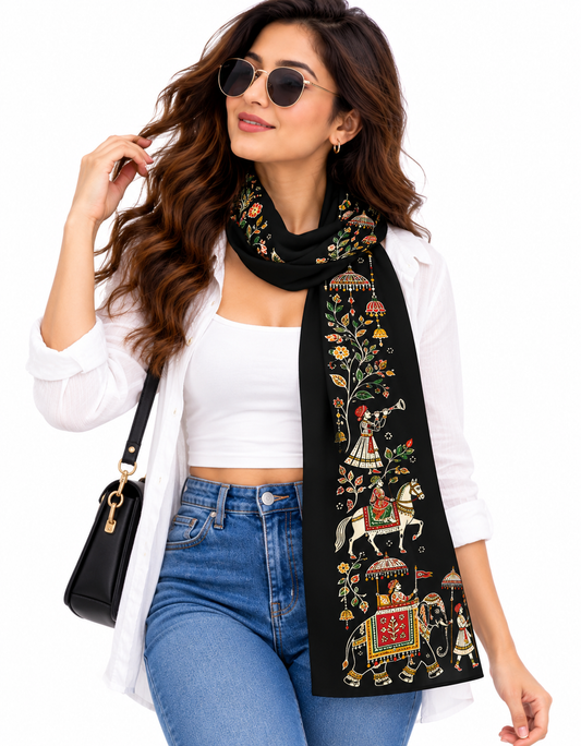 Black Stole with Rajasthani Folk Art Print – Elephant & Royal Procession