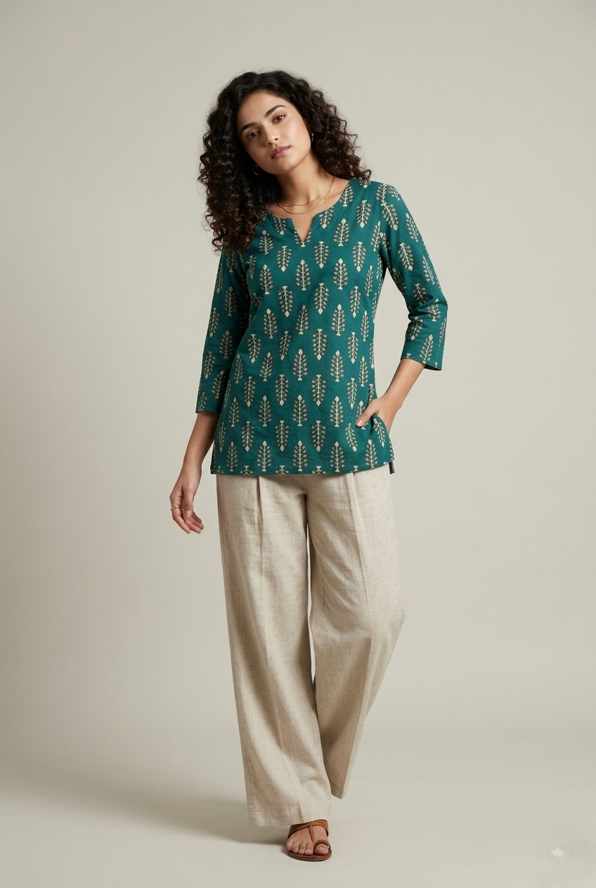 Women’s Green Cotton Short Kurti - Indian Ethnic Wear - front view | Villows DTrendz