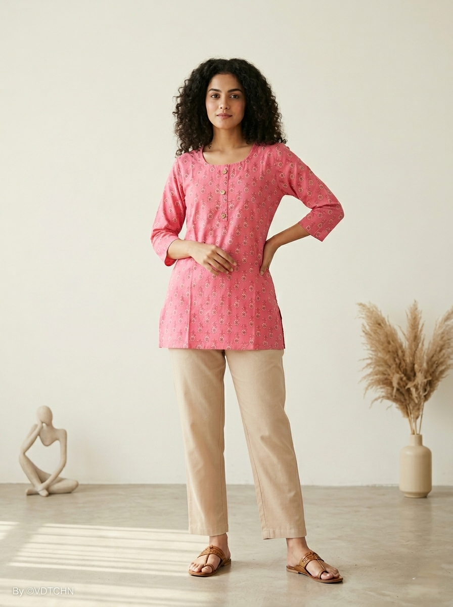 Women’s PINK Cotton Short Kurti - Indian Ethnic Wear - front view | Villows DTrendz