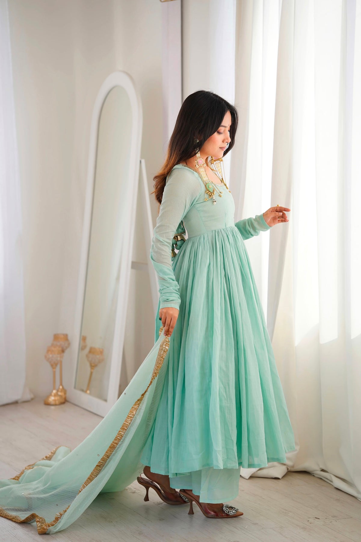Mint Green Anarkali Gown with Bottom & Dupatta - Western Wear - side view | Nardev Fashions