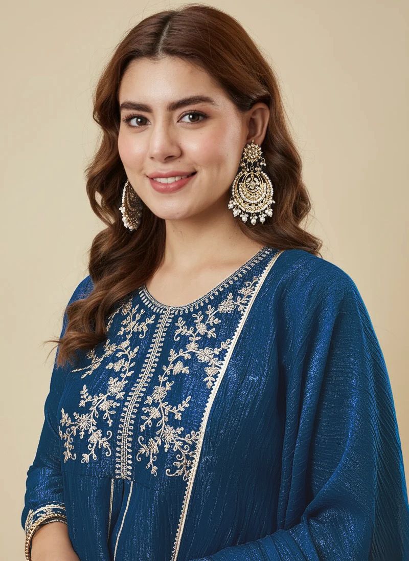 Teal Blue Crunchy Silk Kurta Palazzo Set - studio close-up portrait showing elaborate white thread yoke embroidery with trailing floral vine motifs, snowflake daisy clusters and scrolling leaf work, gold bead neckline trim, central gold gota lace placket, matching dupatta with pearl lace border and full sleeves with white gold sequence lace cuff trim