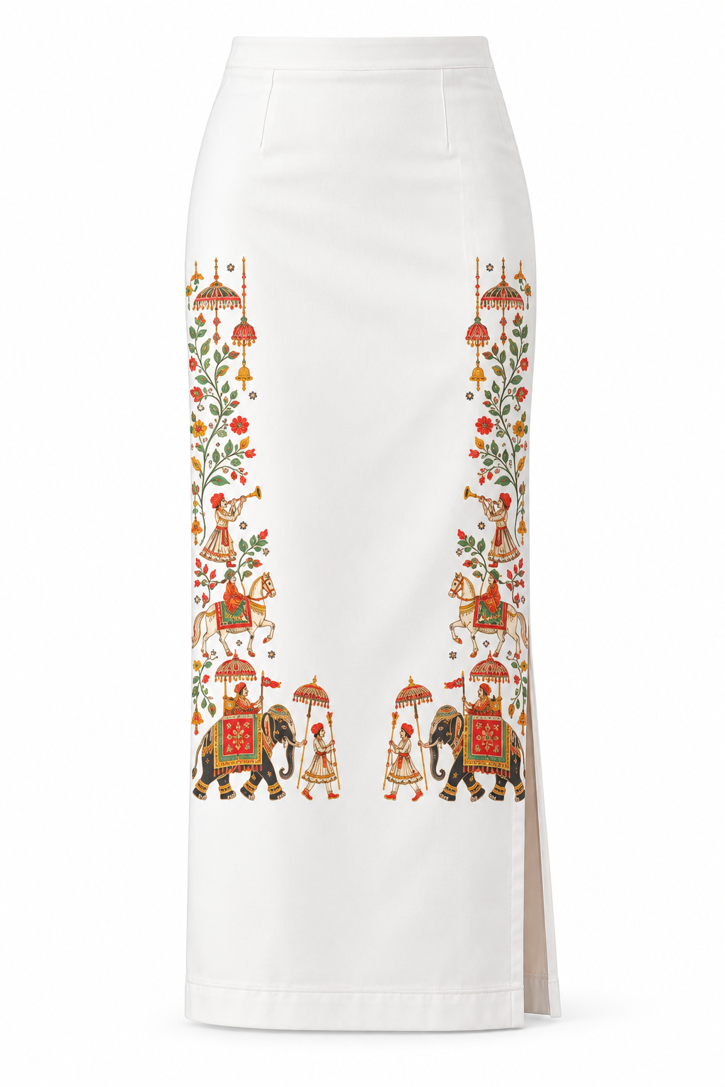 Rajasthani Folk Art Printed Long Pencil Skirt for Women – Ivory Ethnic Statement Skirt