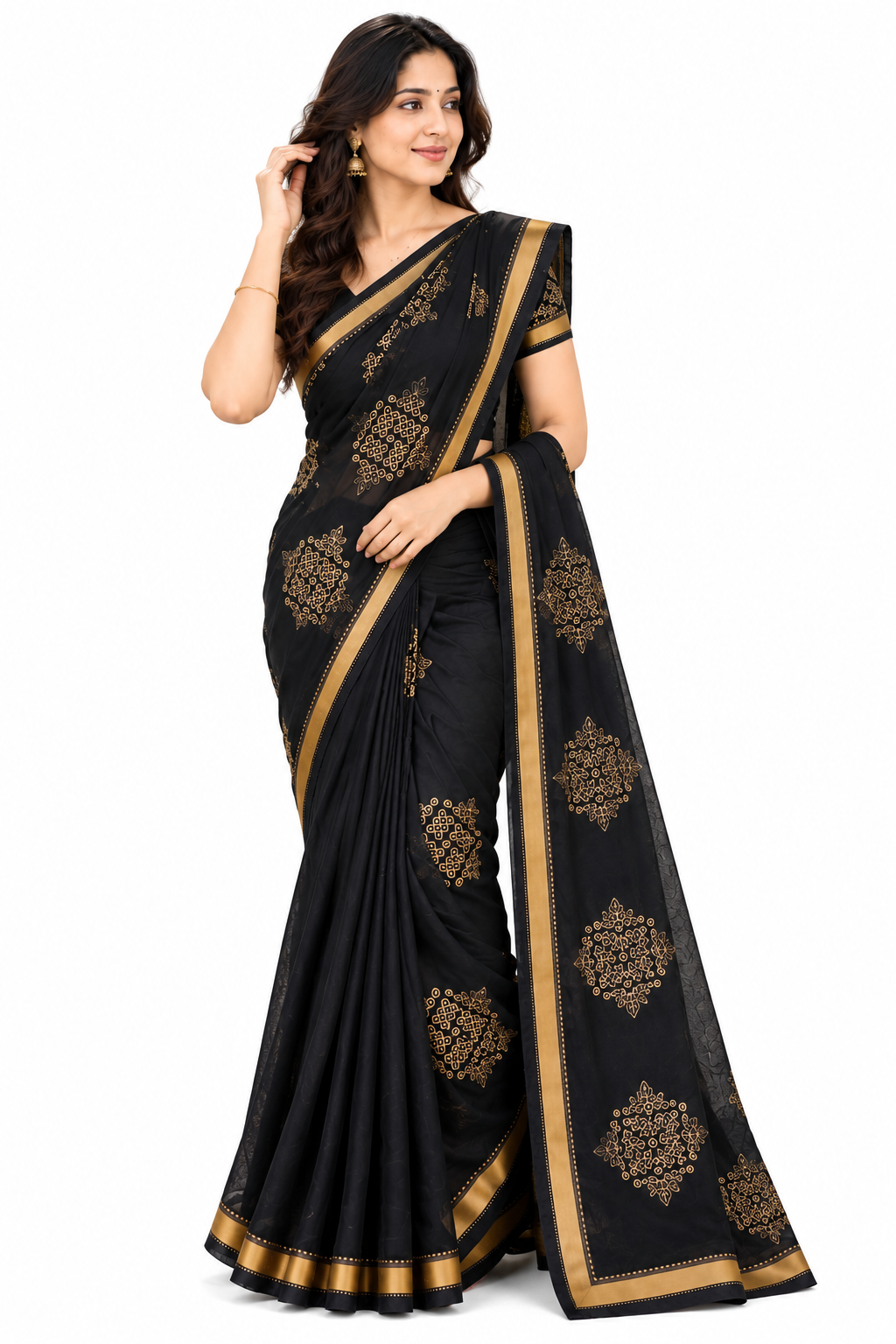 Black Kolam saree seated view showing pallu and gold border detail