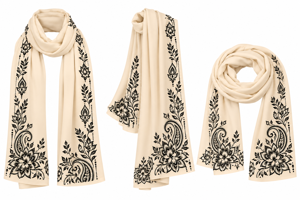 Elegant Beige Polywoven Satin Stole with Intricate Floral Paisley Mural Art Print