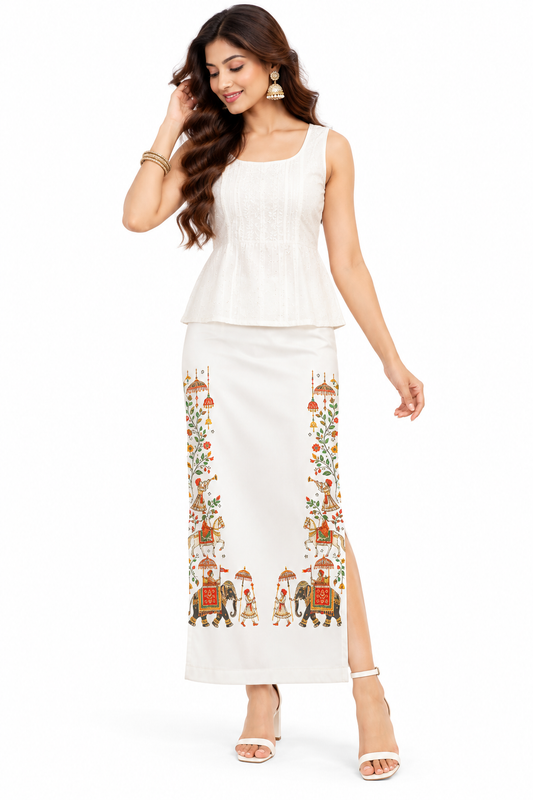 Rajasthani Folk Art Printed Long Pencil Skirt for Women – Ivory Ethnic Statement Skirt
