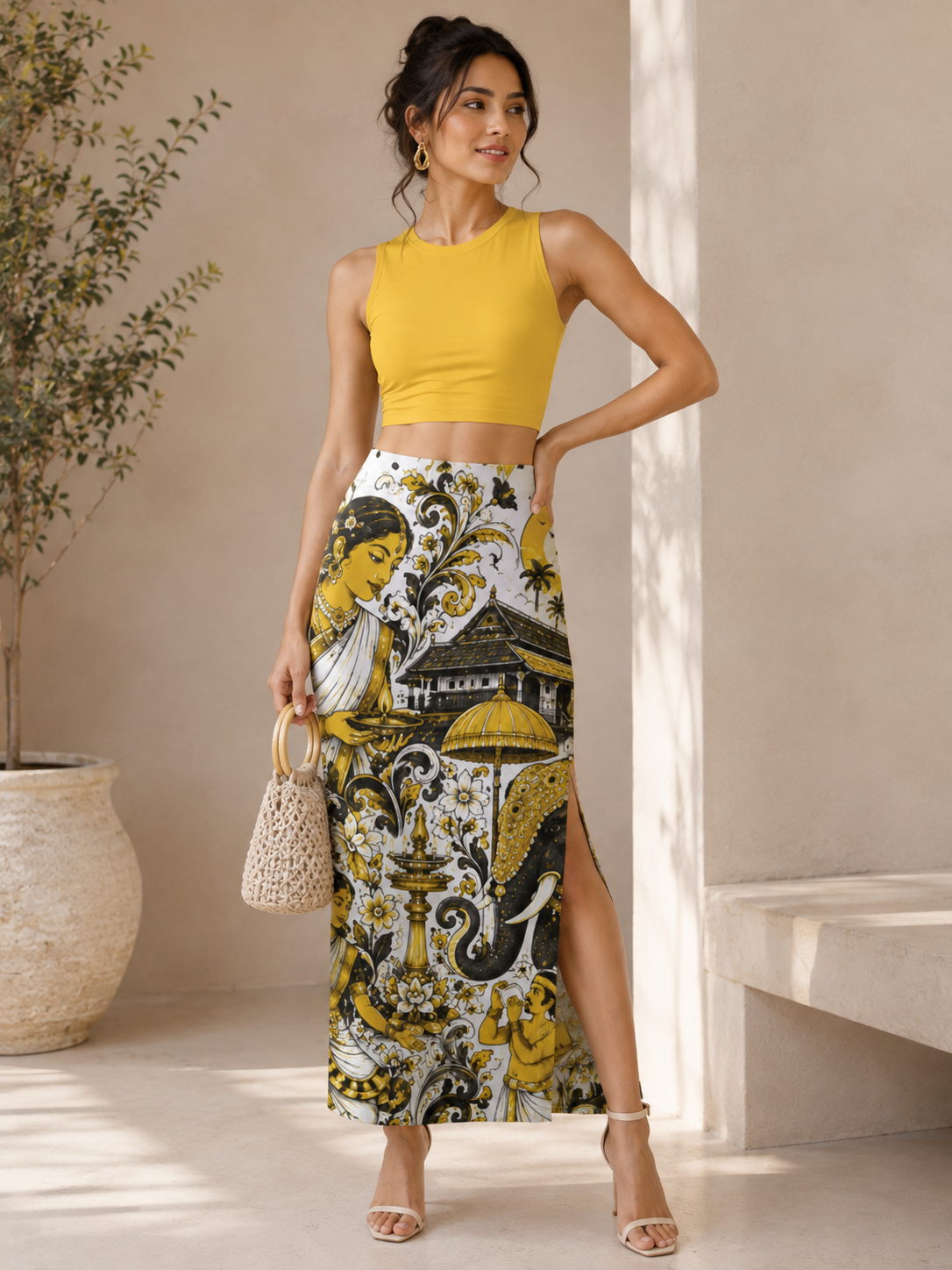 Kerala Onam Mural Art 3-Piece Skirt Set for Women - Western Wear - back view | Qikink