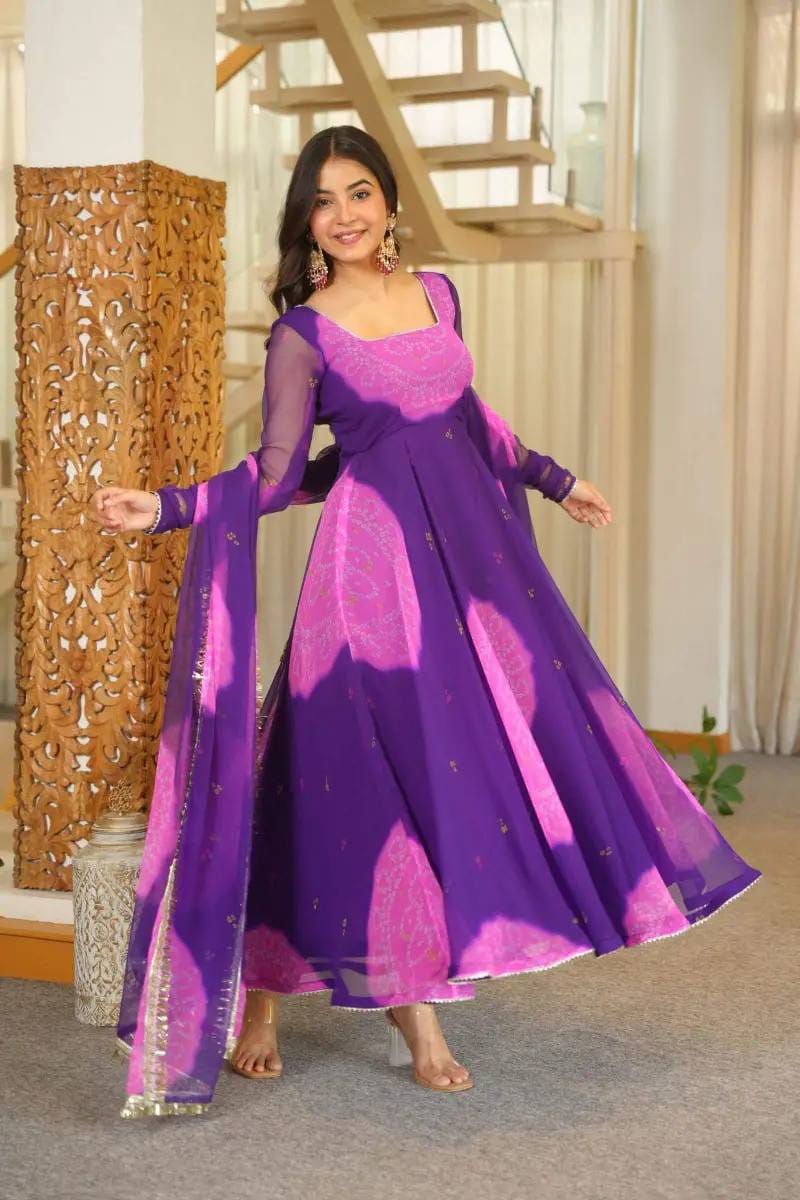 Royal Purple & Pink Bandhani Digital Print Anarkali Set - Western Wear - front view | Nardev Fashions