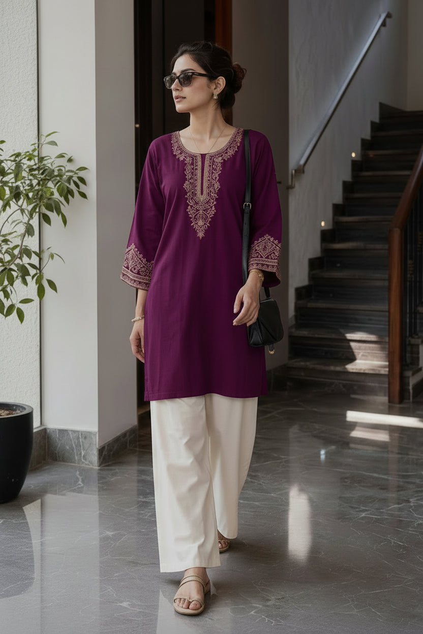 Wine Heavy Rayon Embroidered Short Top with Palazzo - Western Wear - front view | Nardev Fashions