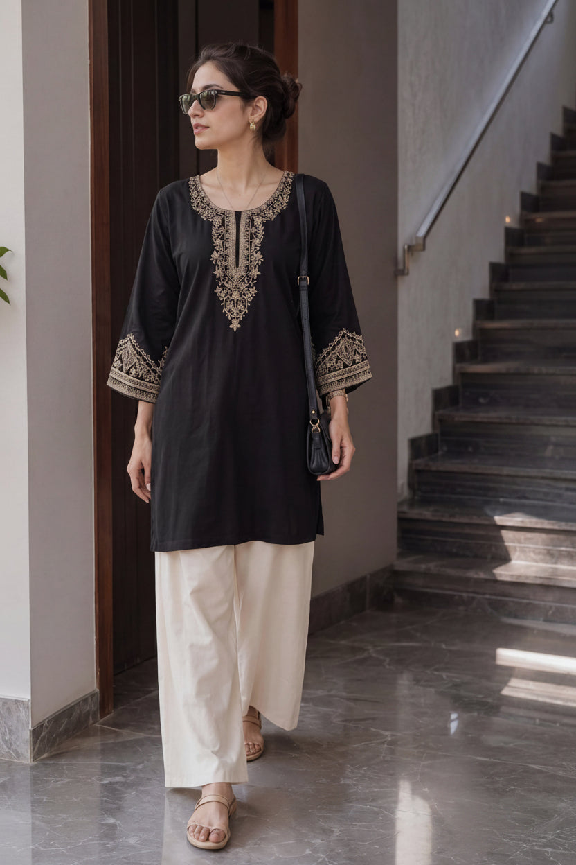 Black Heavy Rayon Embroidered Short Top with Palazzo - Western Wear - front view | Nardev Fashions