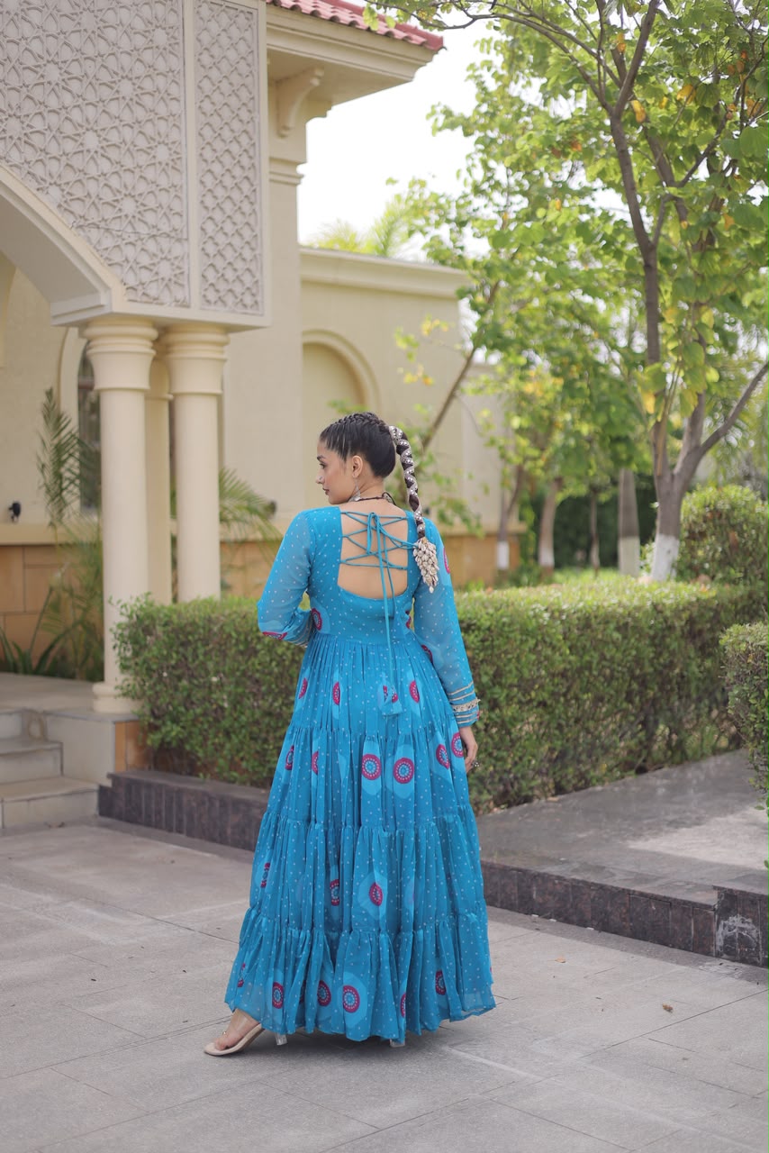 Turquoise Bandhani Faux Georgette Gown - outdoor villa back view showing lace-up criss-cross open back tie detail on turquoise faux georgette with full cotton-lined 12-metre flared skirt