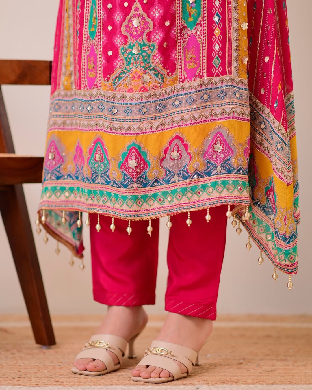 Hot Pink Chinon Patola Print Anarkali Kurti with Palazzo & Dupatta - Western Wear - side view | Nardev Fashions