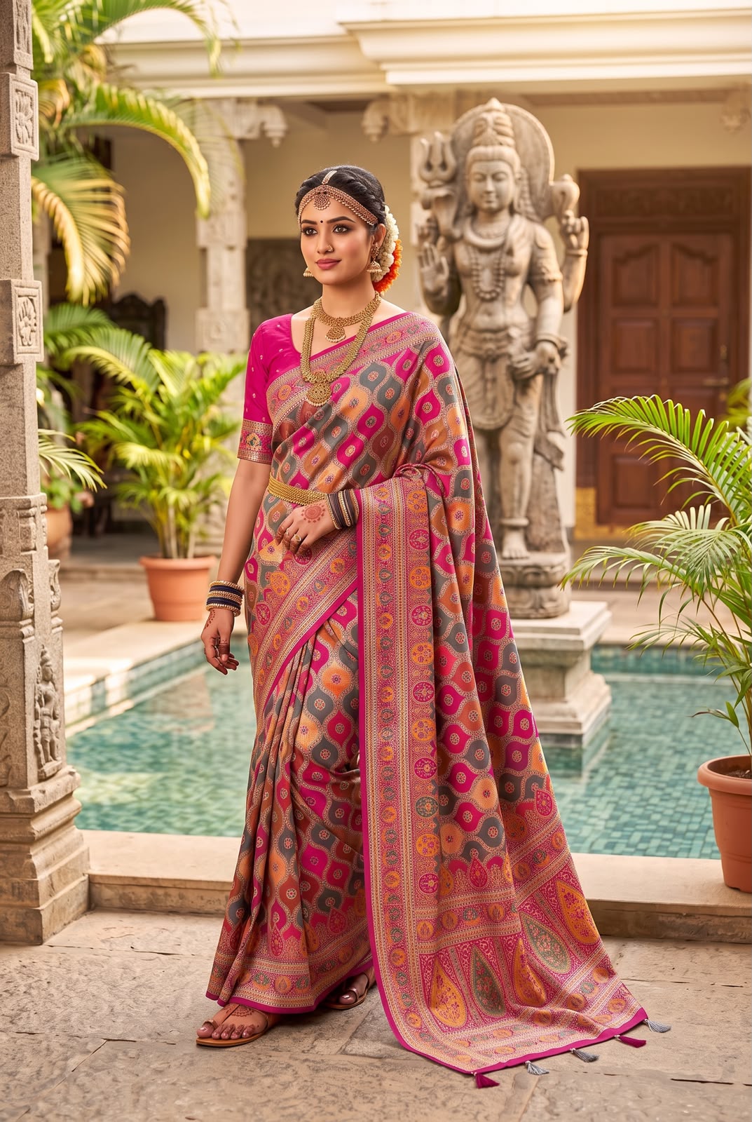 Taupe Grey & Hot Pink Patola Pure Banarasi Silk Saree - Sarees - front view | Nardev Fashions