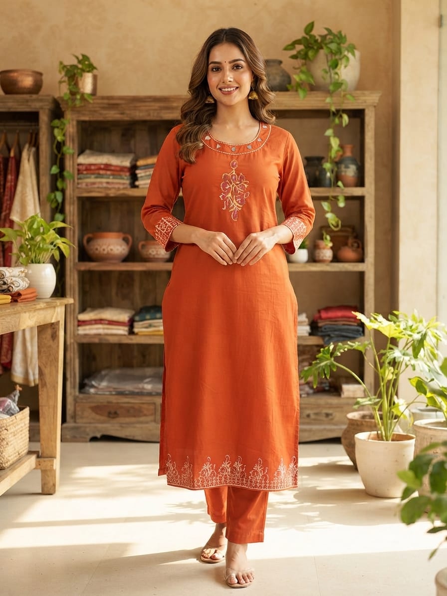 Rust Orange Pure Dhabu Cotton 2-PC Set – Block Print Kurti with Full-Size Palazzo - Co-ord Set - front view | Nardev Fashions