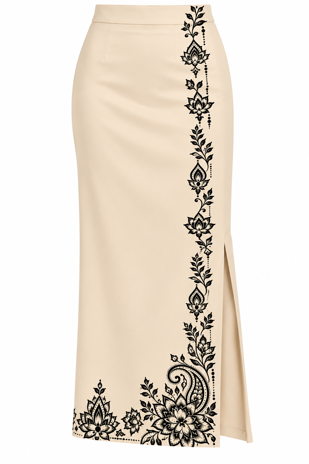Beige Pencil Skirt for Women with Black Floral Paisley Mural Art Print