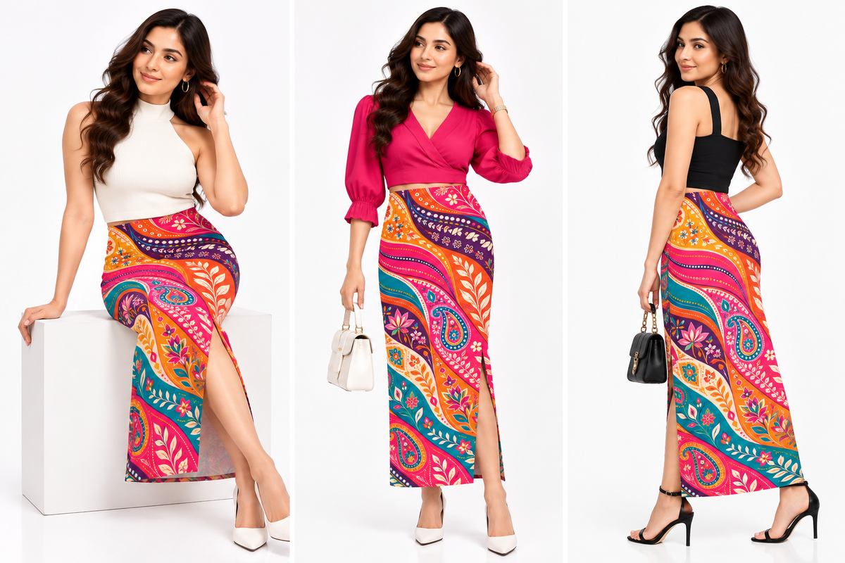 Women's Multicolour Indian Folk-Art-Inspired Paisley Print Stretchable Long Pencil Skirt with Side Slit
