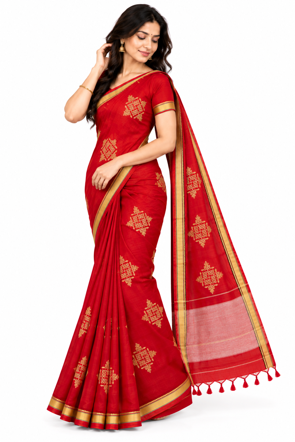 Red Kolam saree side view showing pallu tassels and zari border detail