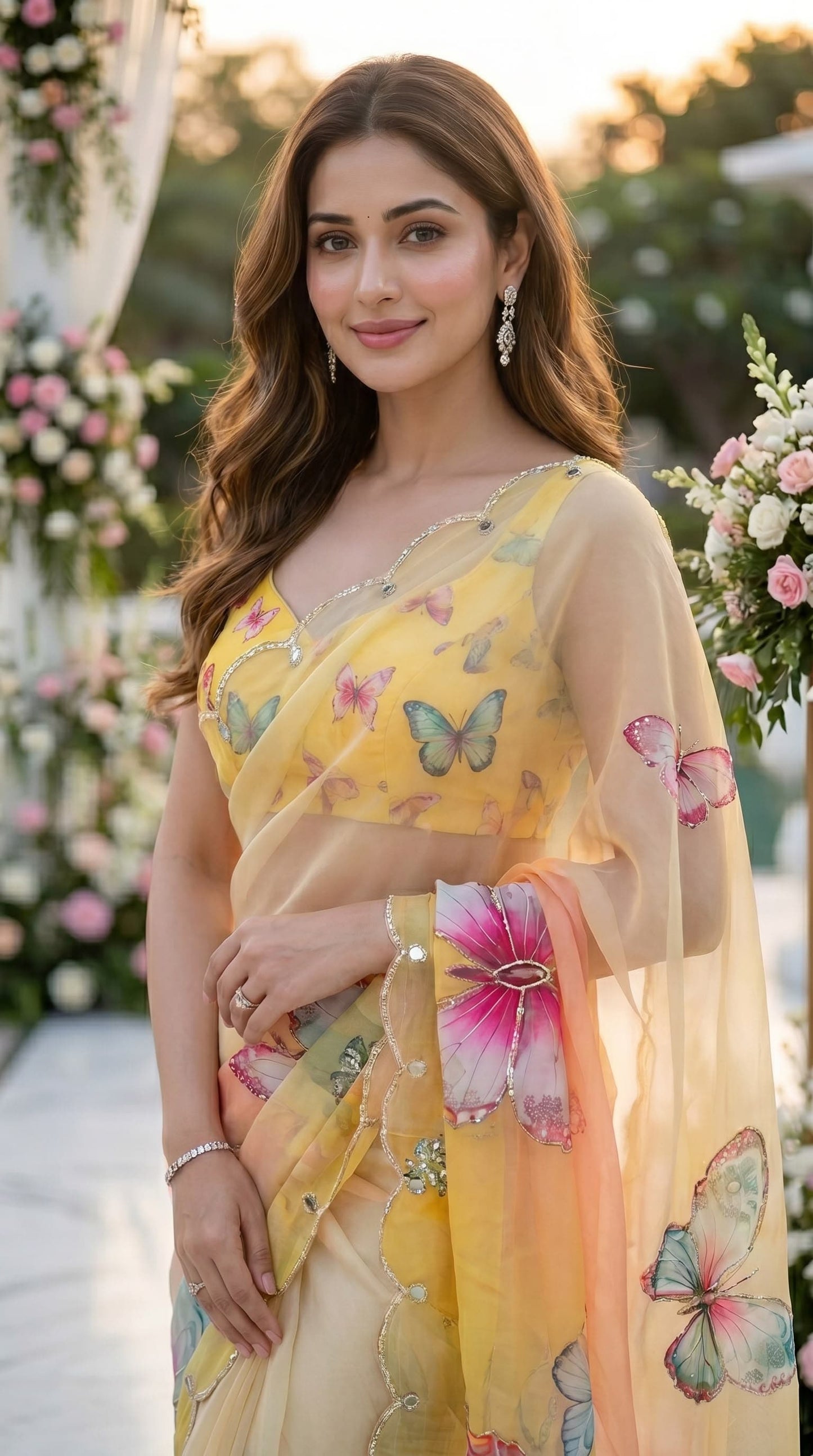 Sunshine Yellow & Peach Ombre Butterfly 3D Digital Print Tabby Saree - Sarees - close-up detail view | Nardev Fashions