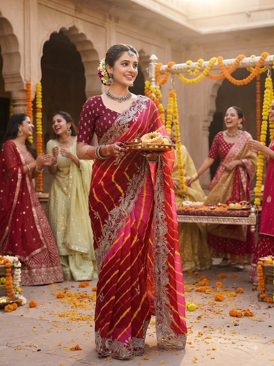 Deep Red & Orange-Pink Lehriya Saree - Sarees - front view | Nardev Fashions
