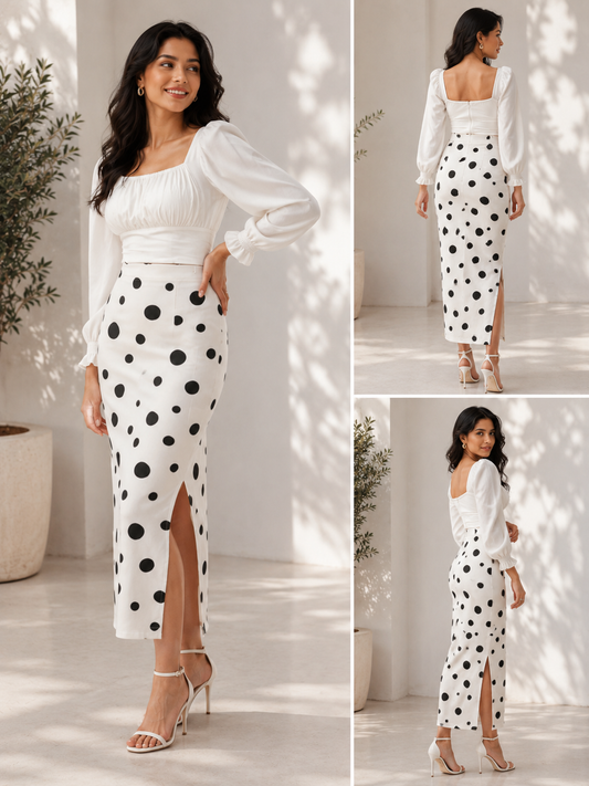 Black & White Polka Dot Long Skirt for Women - Western Wear - close-up detail view | Qikink