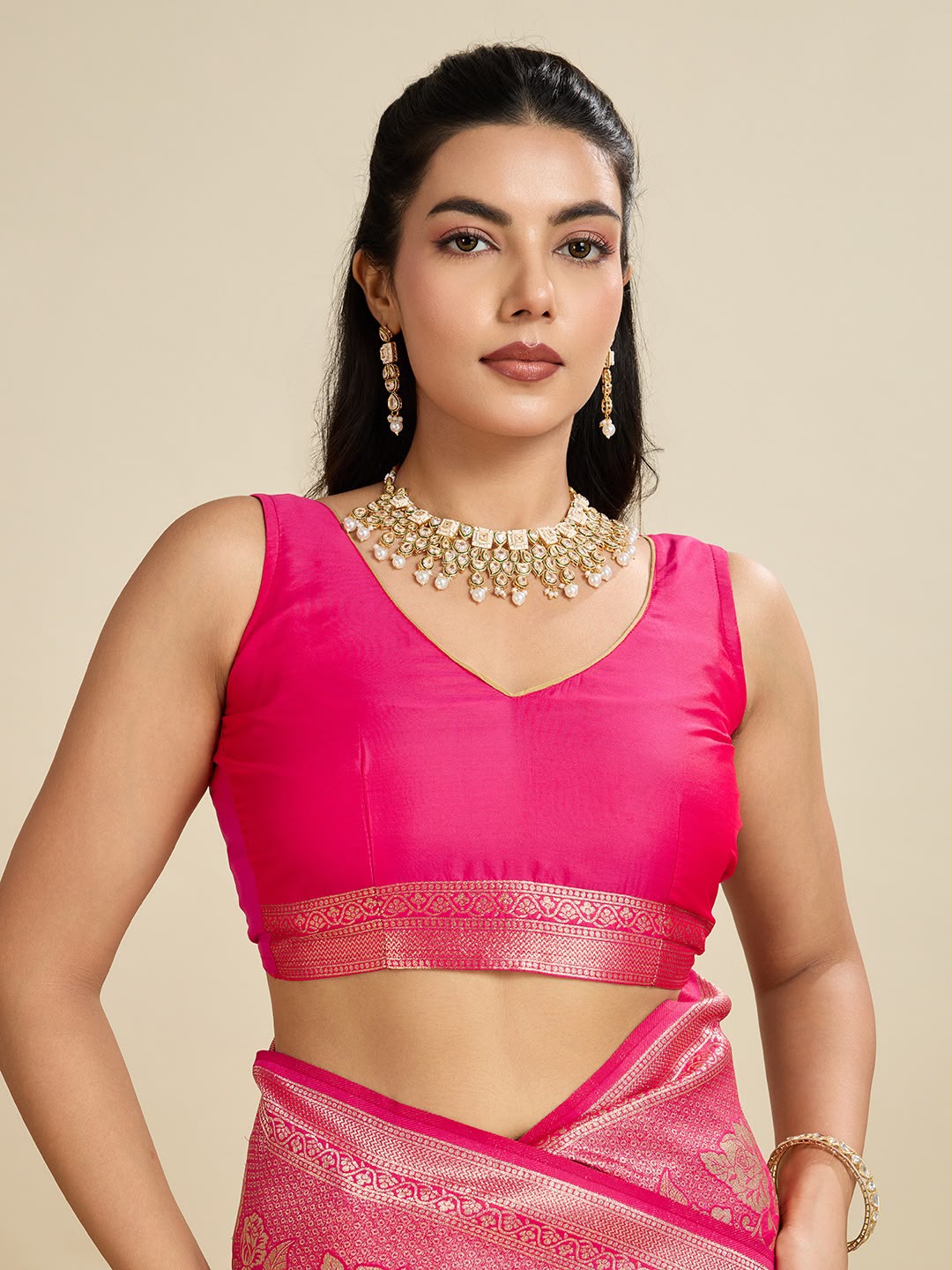 Hot Pink Kanjivaram Silk Saree - Sarees - side view | Nardev Fashions