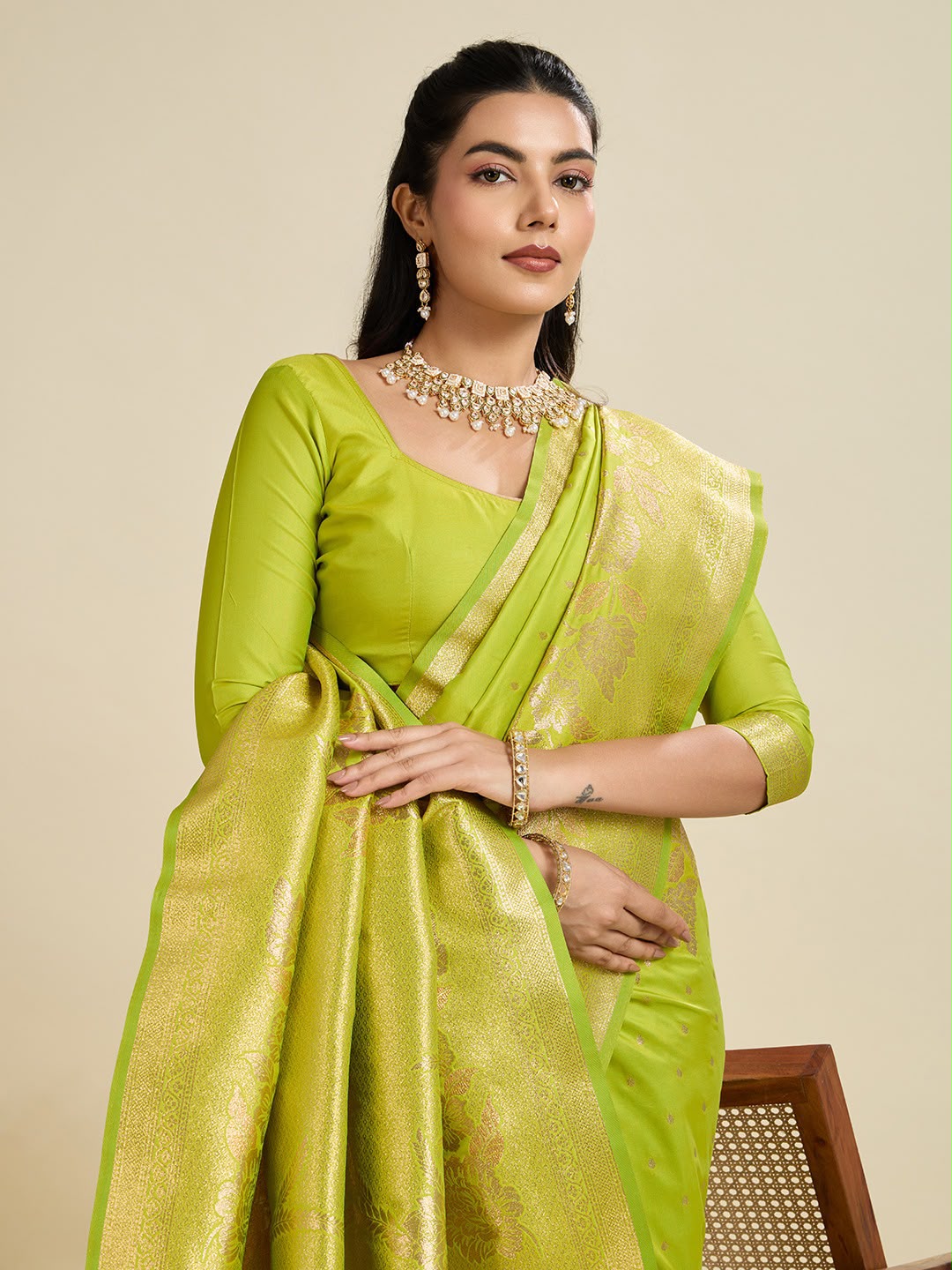 Lime Green Kanjivaram Silk Saree - Sarees - back view | Nardev Fashions