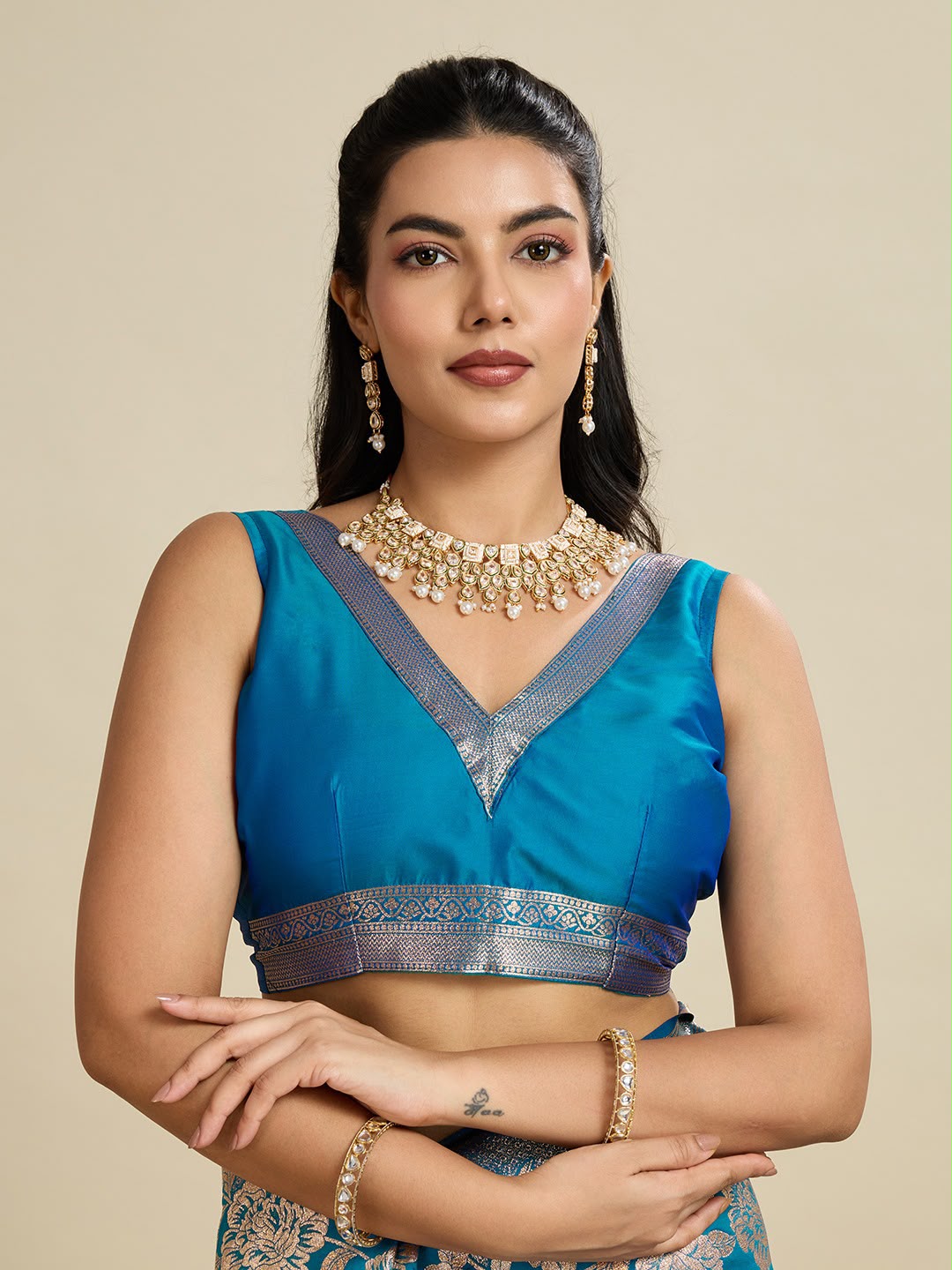 Peacock Teal Kanjivaram Silk Saree - Sarees - back view | Nardev Fashions