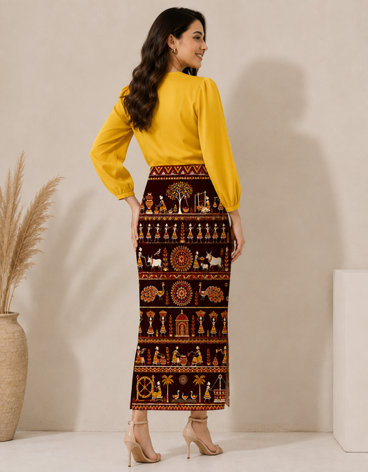 Meroon & Yellow Warli Art Printed Midi Skirt for Women - Western Wear - close-up detail view | Qikink
