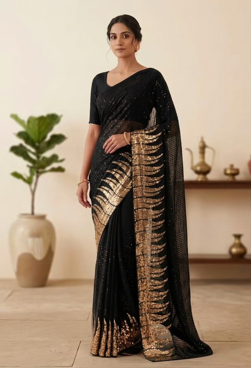 Black Bollywood Blockbuster Dual Sequins Georgette Saree - front view | Nardev Fashions