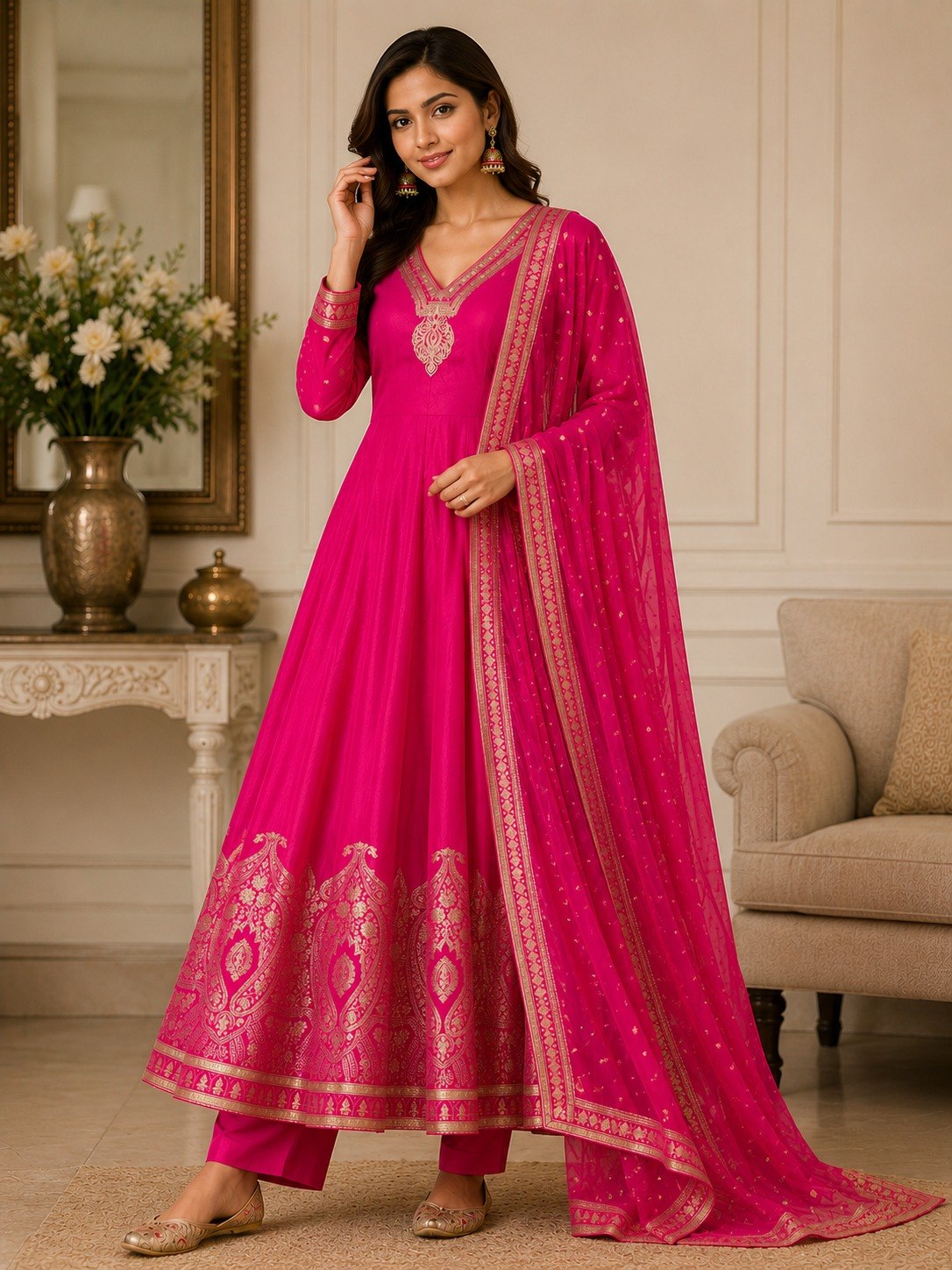 Hot Pink Chanderi Anarkali Set - luxury living room full length calm standing model view showing complete set with hand-embroidered neckline, full sleeves with gold zari lace cuff, grand Banarasi zari woven hem border and matching dupatta draped elegantly over shoulder