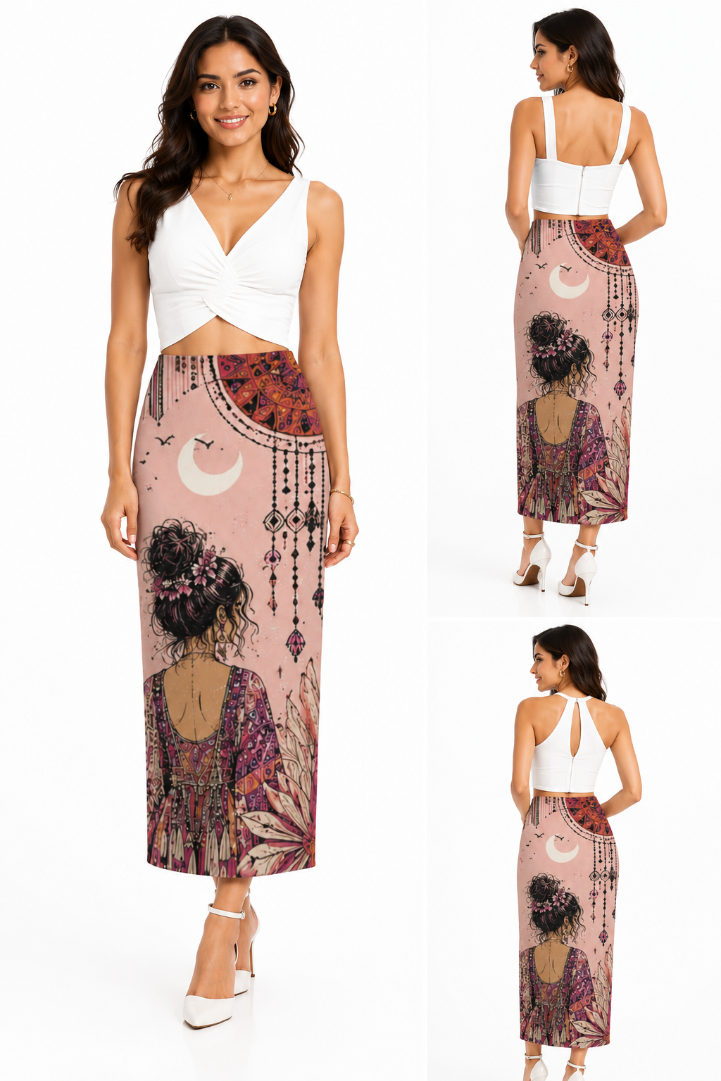 Rose Pink Boho Floral Print Pencil Midi Skirt for Women - Western Wear - back view | Qikink