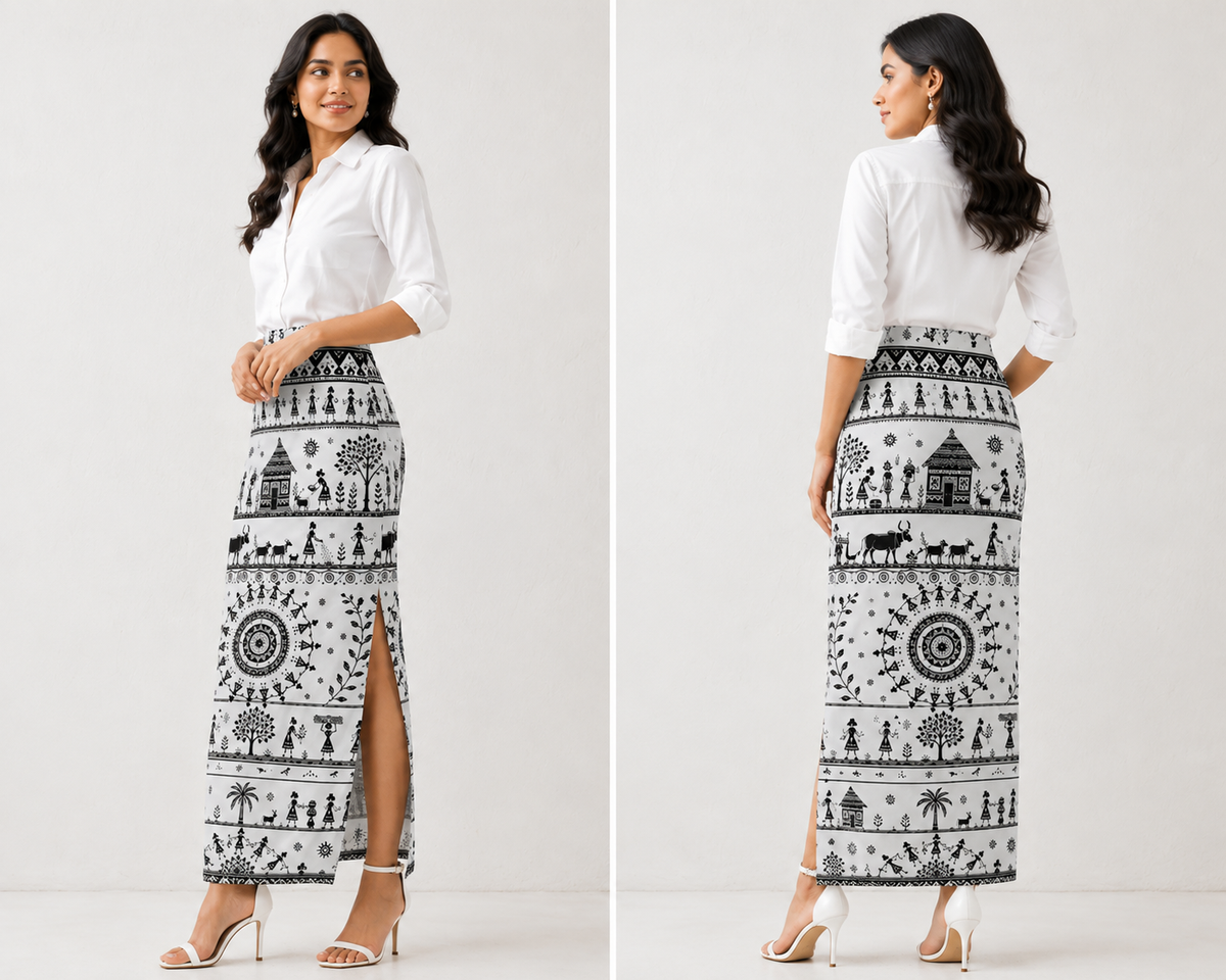 Black & White Warli Art Printed Pencil Skirt for Women - Western Wear - back view | Qikink