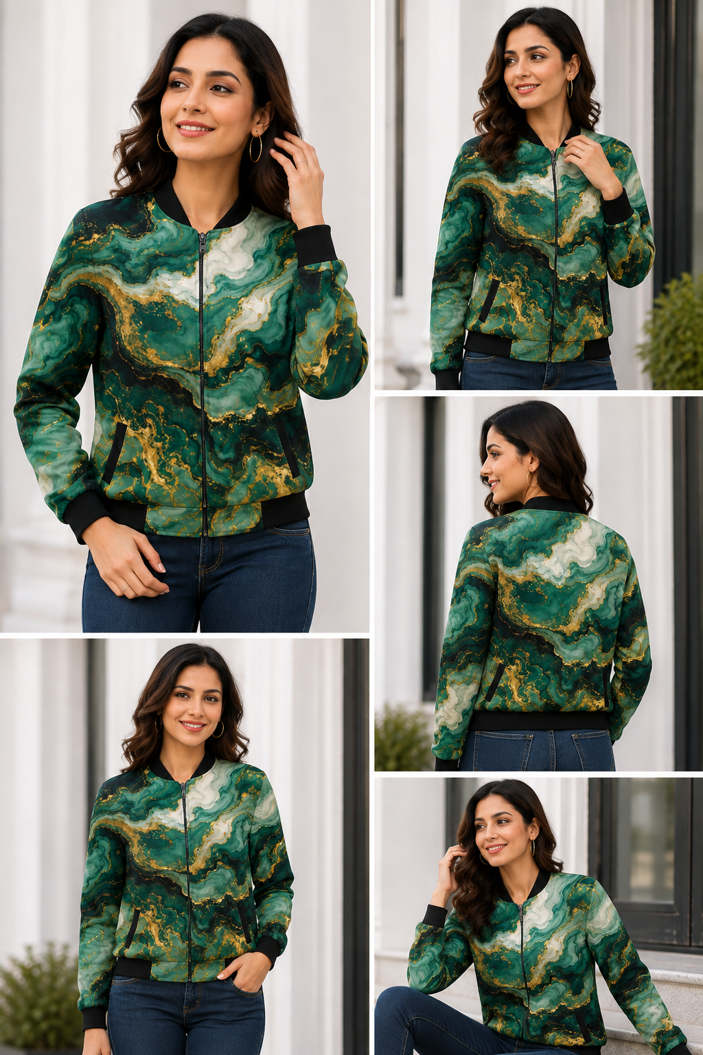 Women’s Green & Gold Marble Print Flight Bomber Jacket - Western Wear - styled full look | Qikink
