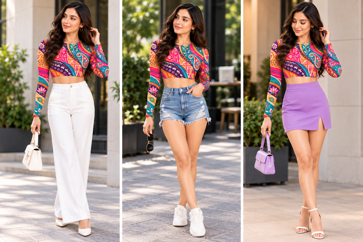 Women's Multicolour Indian Paisley Folk-Art-Inspired Printed Full-Sleeve Crop Top