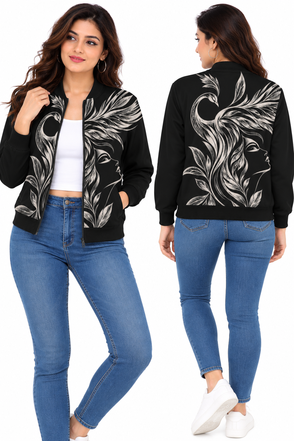 Women's Black Premium Poly Brushed Fleece Flight Bomber Jacket with Ethereal Phoenix Flow Mural Art Print – Zip-Up Jacket with Two Pockets