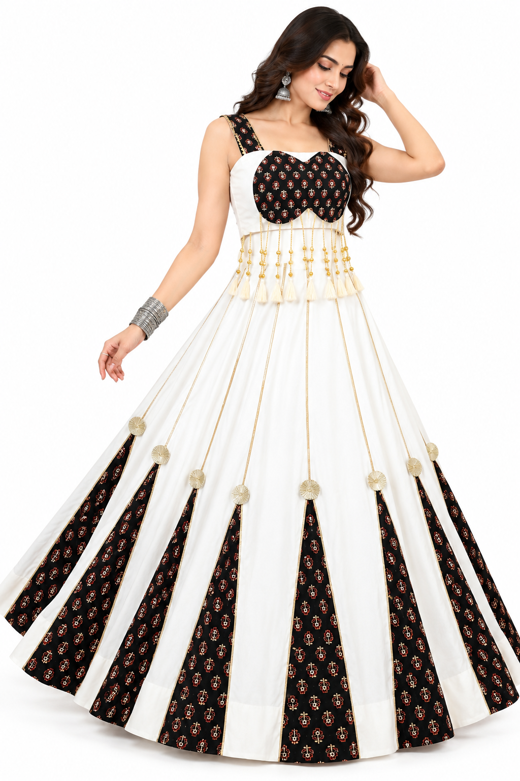 White Black Ajrak Print Cotton Lehenga Choli - multi-panel detail collage showing front back side model views, flat lay blouse hanger, lehenga hanger, close-up black Ajrak print sweetheart bustier neckline, close-up gold bead chain latkan tassel fringe waist detail, dupatta fabric detail and close-up cream pompom medallion at Ajrak gore tip with gold zari seam line