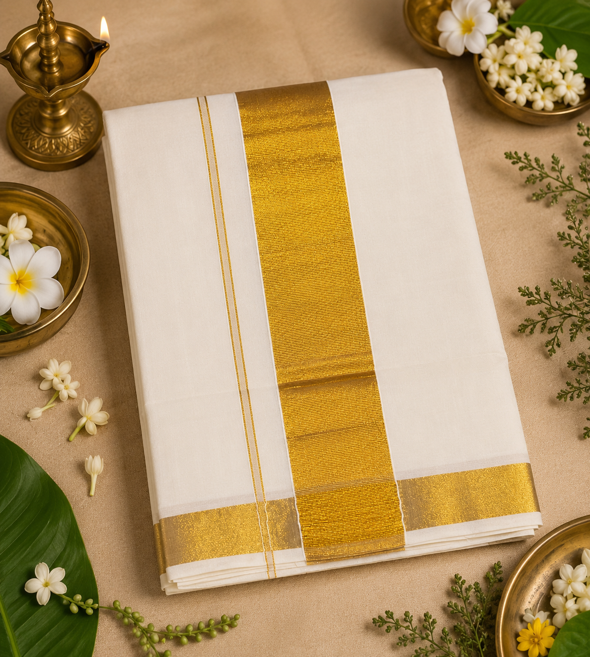 Pure Kerala Kasavu Handwoven Cotton Saree – White & Gold - styled full look | Chindak Textiles